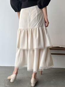 FRIFUL Women's Solid Color Casual Ruffle Hem Skirt - Apricot - View 5