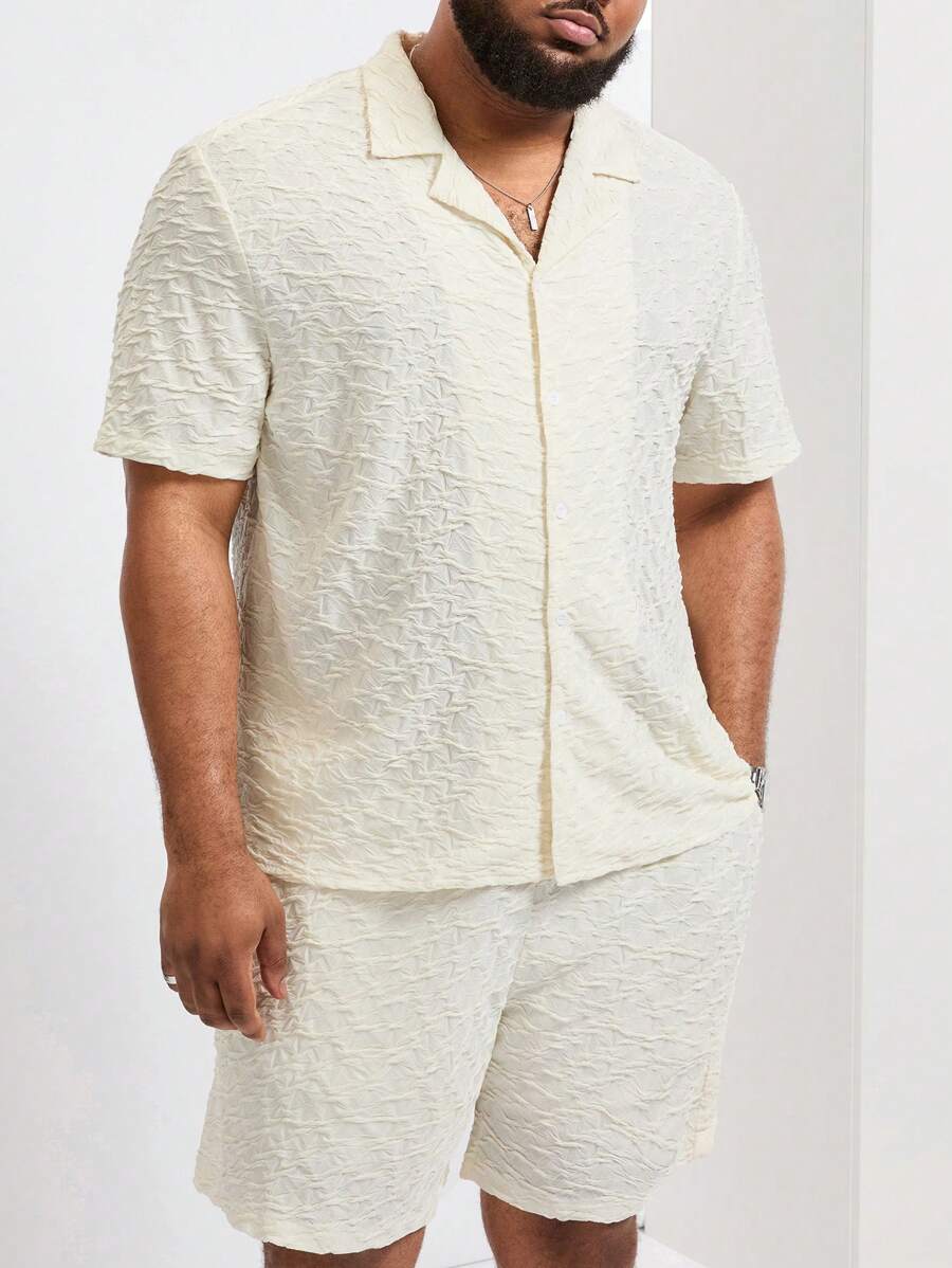 Manfinity Homme Nam Plus Size Mùa Hè Màu Trơn Cổ Áo Sơ Mi Áo Sơ Mi Tay Ngắn Và Quần Short Trang Phục Thường Ngày - Màu be - Xem 1