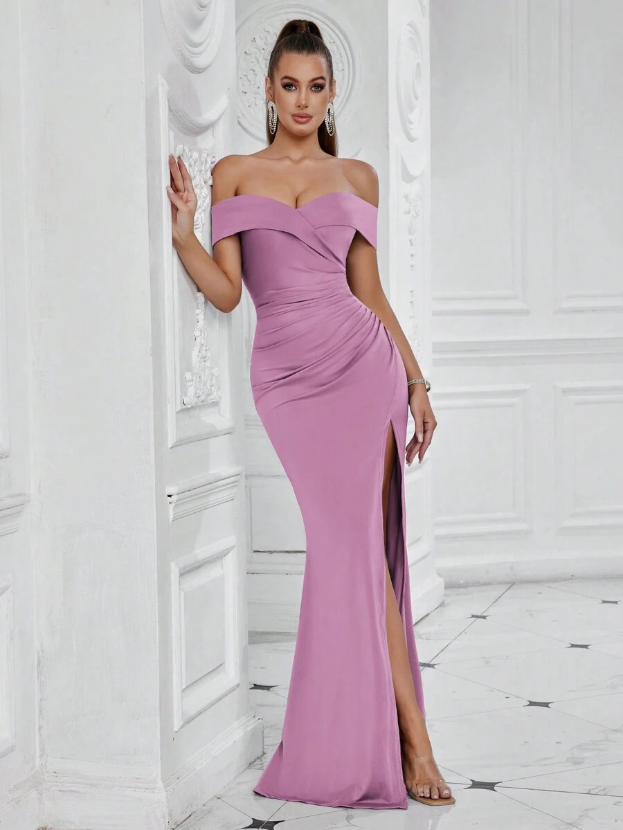 ADYCE 露肩开衩高腰褶皱侧边鱼尾裙摆鸡尾酒会礼服，优雅适合晚宴、正式晚宴、婚礼宾客穿着（女装） - 淡紫色 - 查看 1