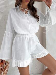 EURMUSE Cotton Women Blouses With Tassels & Shorts With Ruffles - White - View 5
