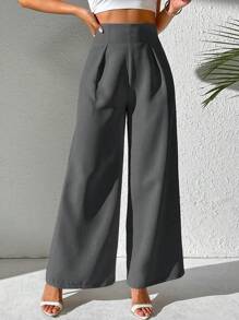 SHEIN PETITE Ladies' Solid Color Simple Daily Trousers Fall Cloth For Women - Grey - View 6