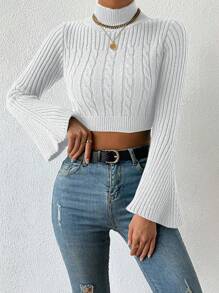 EURMUSE Casual Solid Color Stand Collar Flare Sleeve Cropped Sweater, Autumn/Winter - White - View 1