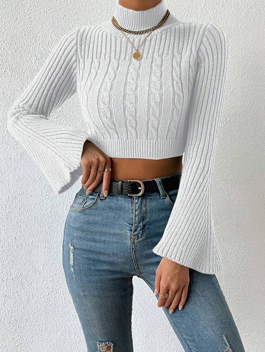 EURMUSE Casual Solid Color Stand Collar Flare Sleeve Cropped Sweater, Autumn/Winter - White - View 1