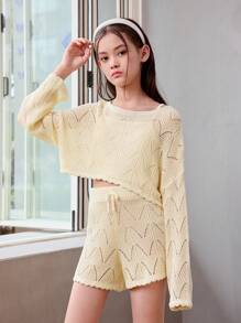 Tween Girl Casual Solid Color Comfortable Sweater Suit With Round Neckline And Pullover Top And Pants - Apricot - View 7
