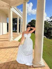 SHEIN SXY Vestidos largos para mujeres, vestido blanco con costura de encaje en el dobladillo para ropa de mujer de vacaciones en la playa - Blanco - Ver 3