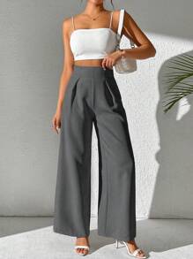 SHEIN PETITE Ladies' Solid Color Simple Daily Trousers Fall Cloth For Women - Grey - View 5