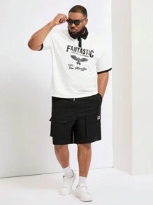 Manfinity Homme Men's Fashionable And Simple Black And White Contrast Color Polo Shirt With Turn-Down Collar, Plus Size - White - View 4