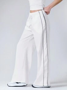 SHEIN EZwear Color Block Drawstring High Waist Wide Leg Cargo Pants For Sports & Casual Outfits - White - View 5