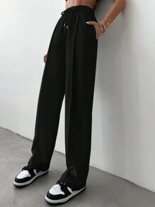 EURMUSE Solid Drawstring Waist Straight Leg Sweatpants - Black - View 3