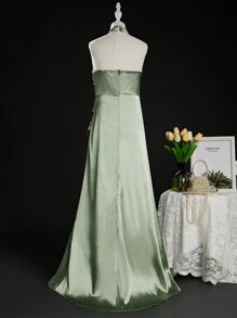 SHEIN Tween Girl Shiny Halter Neck Fish Tail Long Dress With Waist Belt And High Slit, Perfect For Weddings, Birthday Parties And Banquets - Green - View 2