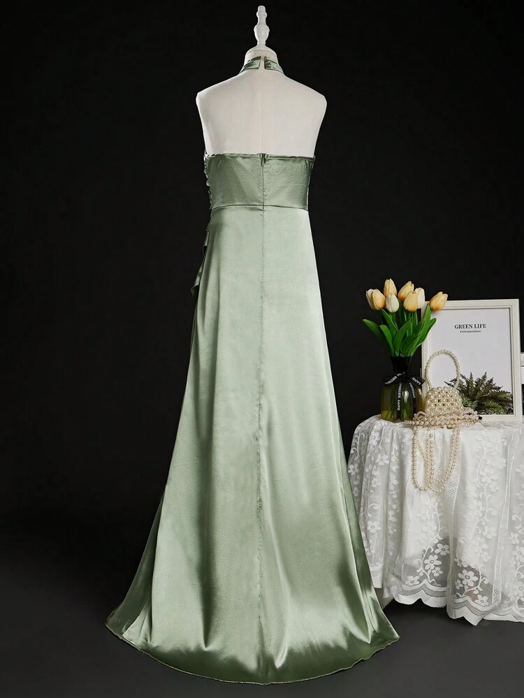 Tween Girl Shiny Halter Neck Fish Tail Long Dress With Waist Belt And High Slit, Perfect For Weddings, Birthday Parties And Banquets