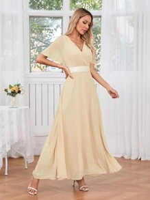 SHEIN Belle Váy phù dâu cổ chữ V tay ngắn dành cho nữ, màu trơn thời trang - Màu be - Xem 1