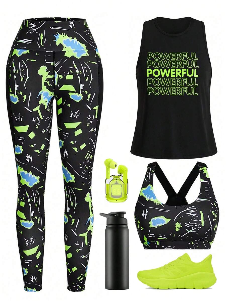 Easithlete Ensemble de sport pour femmes avec Top imprimé à la mode, pantalon long et cache-maillot. Ensemble de leggings pour femmes. Ensembles de tenues de sport pour femmes - Multicolore - Voir 1