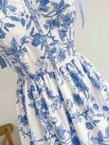 Soleia Váy chữ A kiểu dáng màu xanh và trắng giản dị lãng mạn có thắt lưng cho nữ - Xanh và trắng - Xem 5