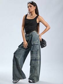 SHEIN Teen Girl Solid Color Knitted U-Neck Sleeveless Top With Curved Hemline For Casual Wear - Black - View 5