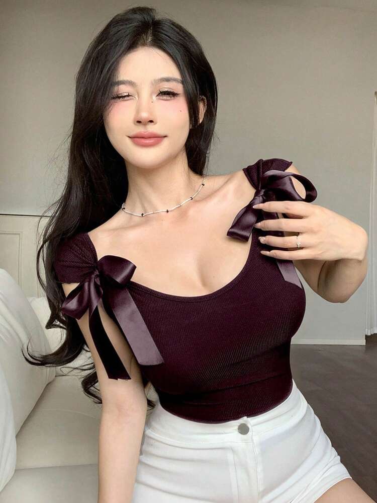 Backless Bow-Tie Lace Up Short Sleeve Women's Slim Fit T-Shirt Going Out Tops Summer