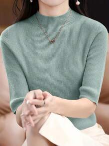 EMERY ROSE Women's Spring/Summer Casual Solid Color Stand Collar Short Sleeve Knitted Top - Green - View 3