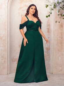 SHEIN Belle Váy chữ A xẻ cao vai khoét sâu đính hạt màu xanh lá cây đậm thanh lịch cỡ lớn cho những dịp trang trọng - Màu xanh lá cây đậm - Xem 7