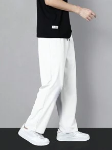 Hombres Pantalones rectos con diseño de parche de letra de cintura con cordón - Blanco - Ver 4