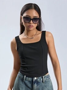 SHEIN Teen Girl Solid Color Knitted U-Neck Sleeveless Top With Curved Hemline For Casual Wear - Black - View 3