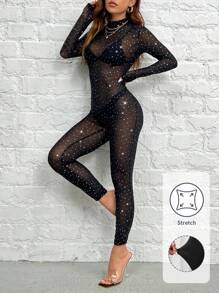 SHEIN PETITE 優雅性感黑色閃亮連身裝，鑲有鉆石細節網眼（內衣除外） - 黑色 - 查看 1