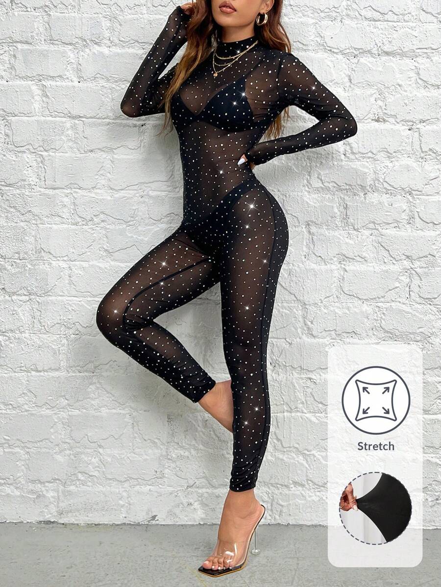 SHEIN PETITE 優雅性感黑色閃亮連身裝，鑲有鉆石細節網眼（內衣除外） - 黑色 - 查看 1