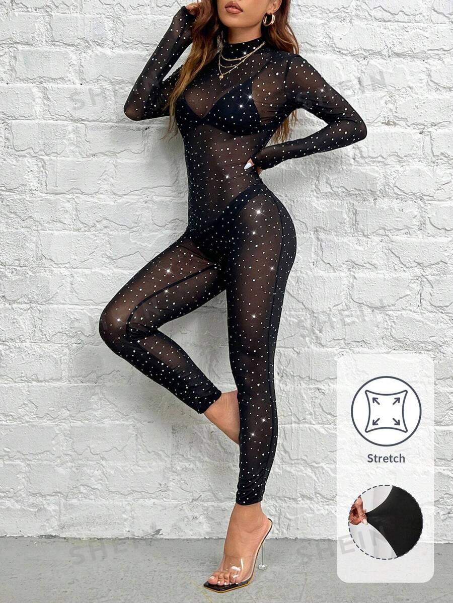 SHEIN PETITE Salopetă elegantă și sexy cu sclipici negru, cu plasă detaliată cu stras (excluzând lenjeria intimă) - Negru - Vizualizare 1