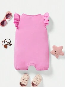 We Bare Bears X SHEIN Baby Girl Pink Adorable Holiday Photoshoot Cartoon Bear Print Romper With Ruffle Armhole - Pink - View 2