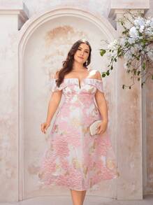 SHEIN Belle Plus Size White Spring Greek Goddess Sparkly Masquerade Party Organza & Satin Gold Thread Embroidery A-Line Dress,Off Shoulder V-Neckline Prom Dress - Multicolor - View 2