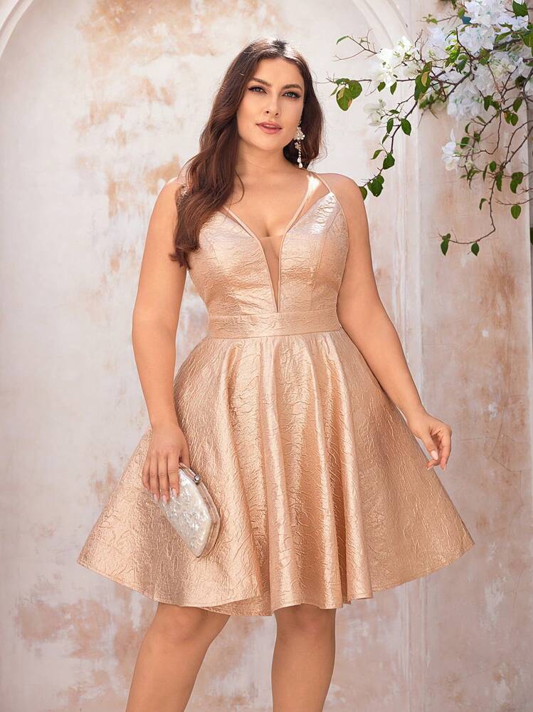 SHEIN Belle Plus Size Champagne Gold Thread Woven Jacquard Fluffy Princess Dress, Perfect For Graduation Ceremony