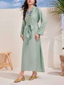 Al Najma V領腰帶休閒長袖日常穿著連衣裙 - 綠色 - 查看 8