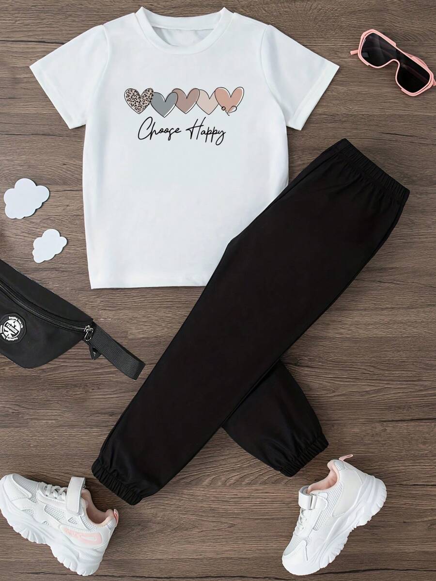 青少女夏季字母和心形印花圓領短袖休閒T恤和慢跑褲休閒套裝 - 白色 - 查看 1