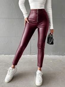 SHEIN Cottnline Women's Zipper Front Stretchy Skinny Pants - Red Violet - View 6