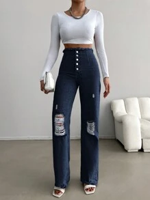 SHEIN Cottnline Vaqueros De Mezclilla Desgastados Con Botones En La Parte Delantera Para Mujer - Azul lavado oscuro - Ver 4
