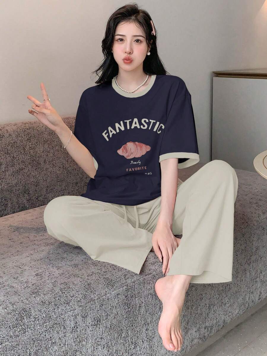 DAZY Bộ đồ mặc nhà in họa tiết khối màu bánh mì thời trang dành cho nữ - Màu xanh hải quân - Xem 1