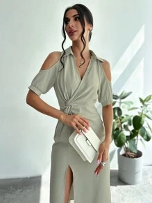 Firerie Bürokleidung Elegantes Twist Knoten V-Ausschnitt Schulter frei Hoher Schlitz Kleid