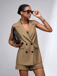 Women Fashionable Solid Color Sleeveless Blazer And Shorts Suit - Khaki - View 7