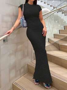 Vestito Estivo Da Donna In Pizzo A Tinta Unita Con Colletto Alla Cinese, Maniche Corte E Design Slim Fit, Lunghezza Lunga E Stile Elegante