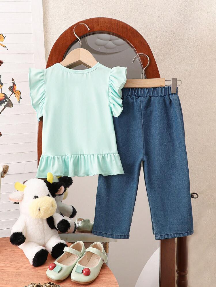 New Summer Casual Fashion Street Style Baby Girls' Cow Printed Distressed Denim Pants With Belt And Printed Flare Sleeve Top Featuring English Letters