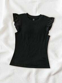 Soleia 女士夏季假日黑色針織紋理編織刺繡上衣，短袖修身版型，圓領 - 黑色 - 查看 4