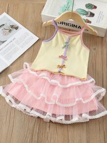 Baby Girl Sweet Butterfly Decorated Spaghetti Strap Top And Lace Hem Tulle Skirt Set, Summer - Pink - View 1