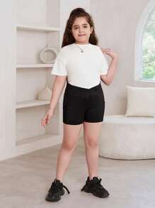 SHEIN Tween Girl Extended Size Sporty Knit Solid Color Shorts For Spring And Summer