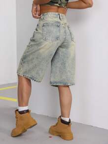 SHEIN Tall Mid-Waist Retro Washed Wide-Leg Denim Shorts - Medium Wash - View 2