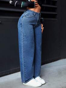 SHEIN PETITE Women's Loose Wide Leg Denim Jeans With Pockets - Dark Wash - View 4