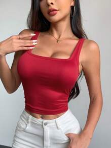 DAZY 女士純色方領運動背心，夏季款 - 紅色 - 查看 4