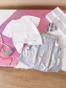 SHEIN Cô gái trẻ thường ngày mát mẻ Áo phông in chữ cô gái trẻ + Váy túi lớn dệt màu bạc óng ánh, Xuân/Hè - trắng - Xem 2