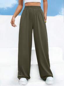 EURMUSE Solid Elastic Waist Wide Leg Pants - Army Green - View 5