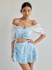 DAZY 女士夏季沙灘花卉印花荷葉邊露肩短袖比基尼套裝，3入組 - 彩色 - 查看 8