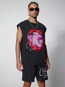 PAVTROS Manfinity Streetrush Men Graphic Print Sleeveless Round Neck Tank Top And Drawstring Letter Print Shorts Summer Casual Outfit - Black - View 1