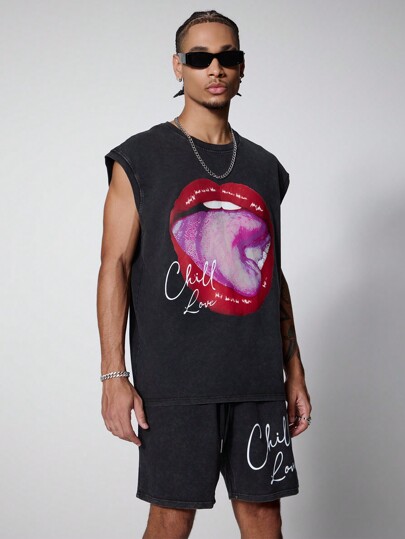 PAVTROS Manfinity Streetrush Men Graphic Print Sleeveless Round Neck Tank Top And Drawstring Letter Print Shorts Summer Casual Outfit